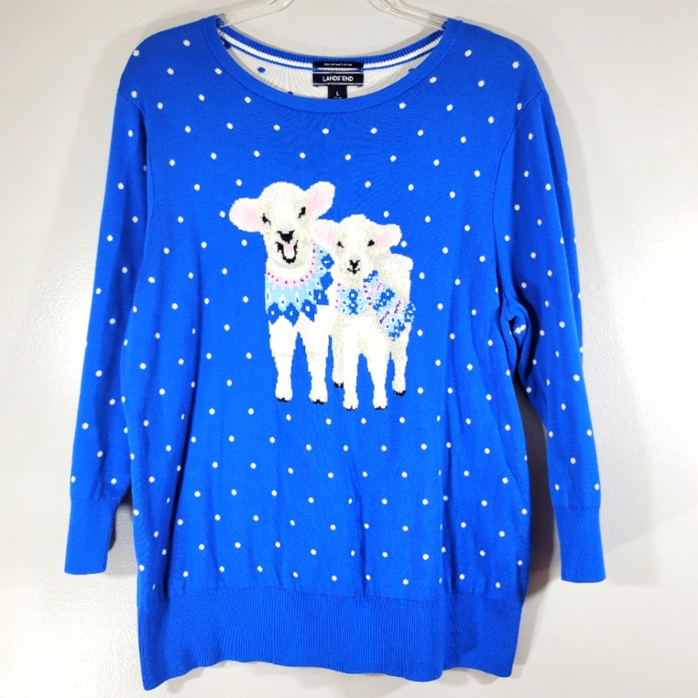 LAND'S END blue thick supima cotton holiday lamb animal pullover sweater